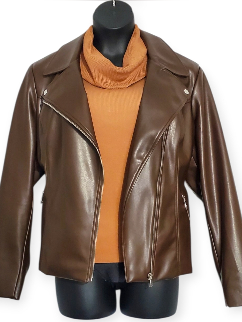 Time and Tru Brown Faux Leather Moto Jacket with Rust Sweater Accent